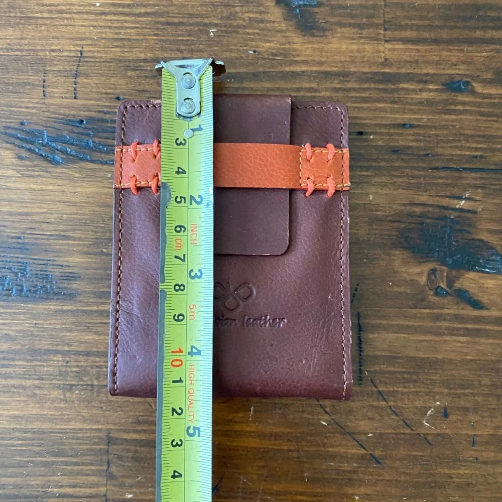 Colombian Leather Brown Bifold Wallet with Money Clip and Pull Tab Orange Accent